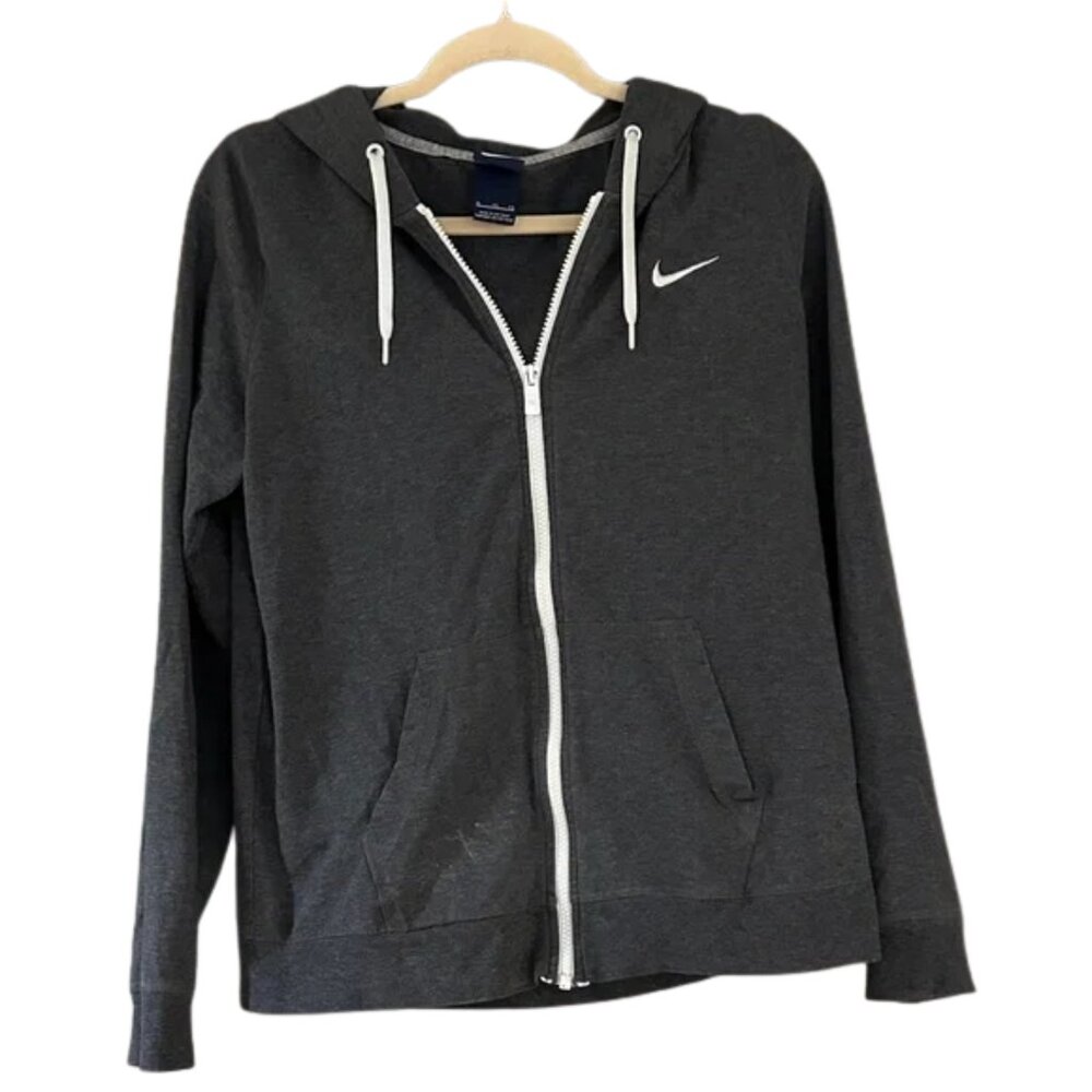 Nike Charcoal Gray Hoodie with White Swoosh & Zipper